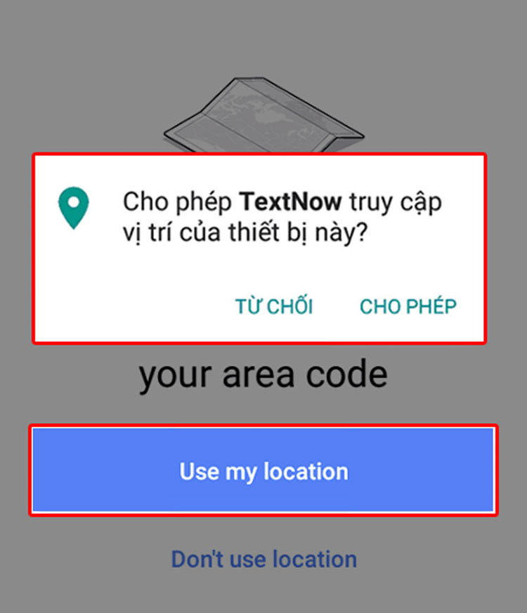 cho phép Textnow truy cập vị trí để tạo số điện thoại ảo Mỹ