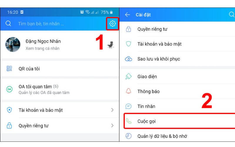 Nhấn vào Cài đặt và chọn Cuộc gọi
